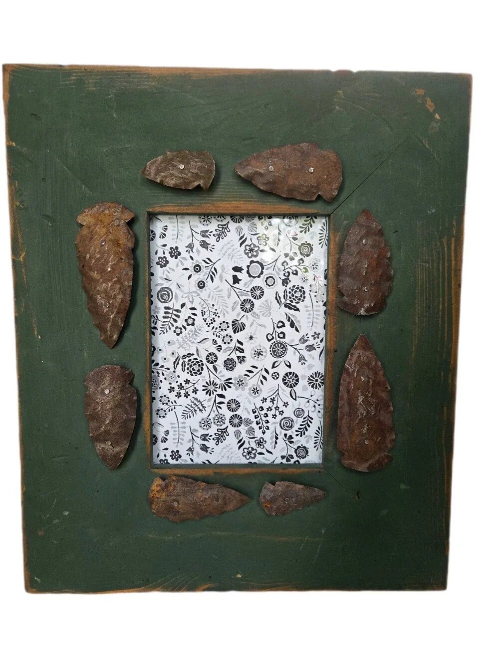 Handcrafted Vintage Green Picture Frame with Rustic Metal Arrowhead Accents USA